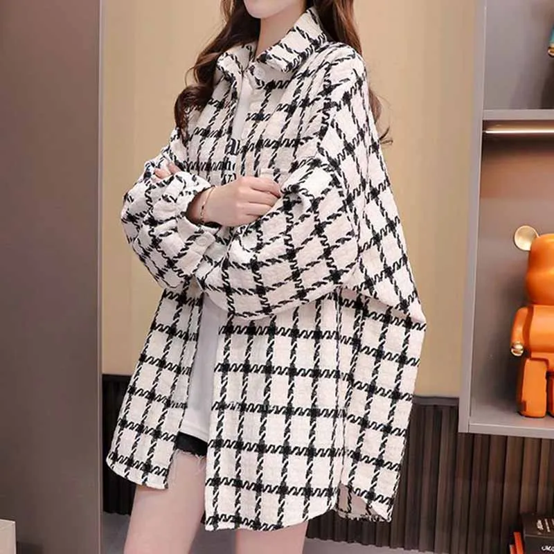 Spring Autumn New Female Frosted Plaid Shirt Tops Coat Women Loose Leisure Cardigan Blouse Long Sleeved Shirt Top Jacket