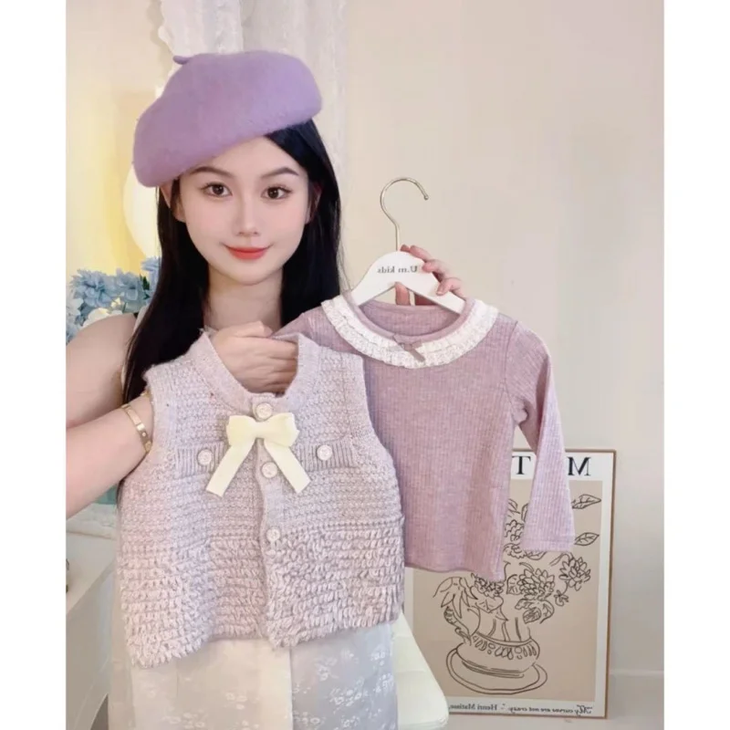 

Girls' Autumn Three-Piece Outfit2025New Fashionable Vest for Children Stylish Knitted Base Shirt with Lace Pants