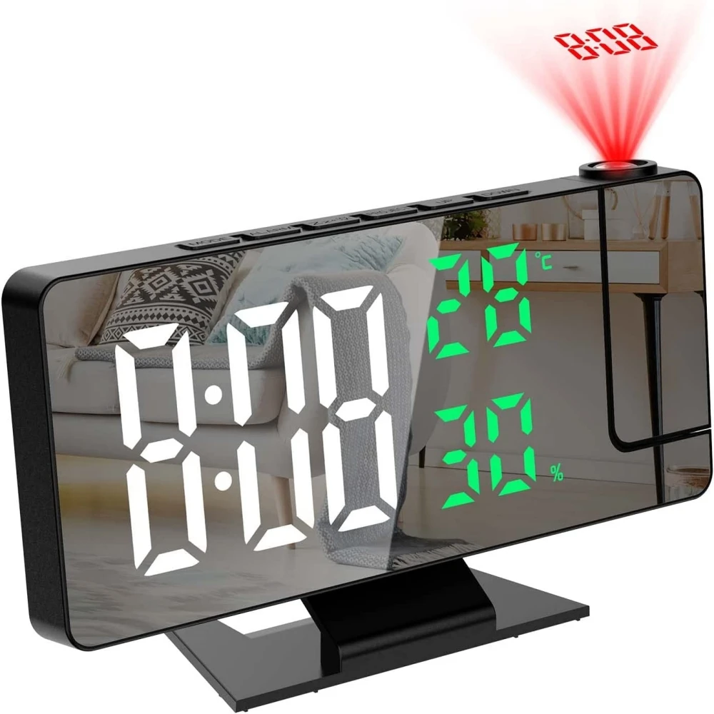 USB Powered Projection Digital Alarm Clock Temperature Humidity Night Mode Snooze 12/24H 180° Arm Projector Table LED Clock