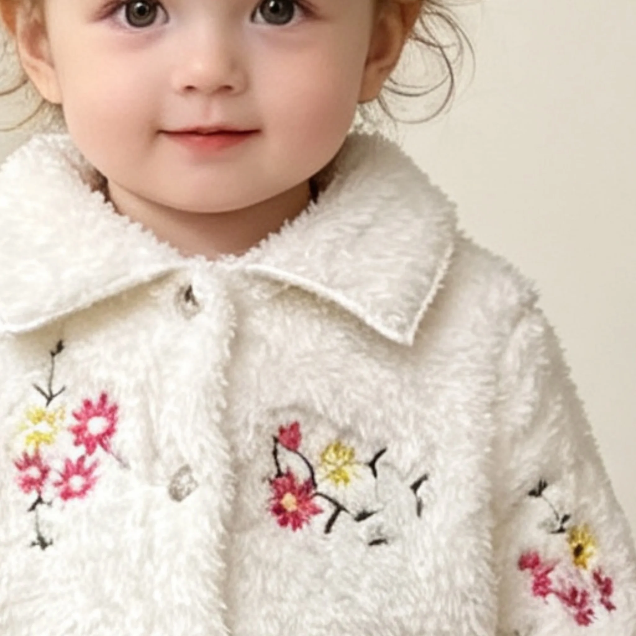 Mädchen Frühling Herbst Zweiteiler Set Blumenstickerei Weiße Jacke mit Flauschigem Kragen und Herztasche Jeanshose Baby-Outfit – Detail 3