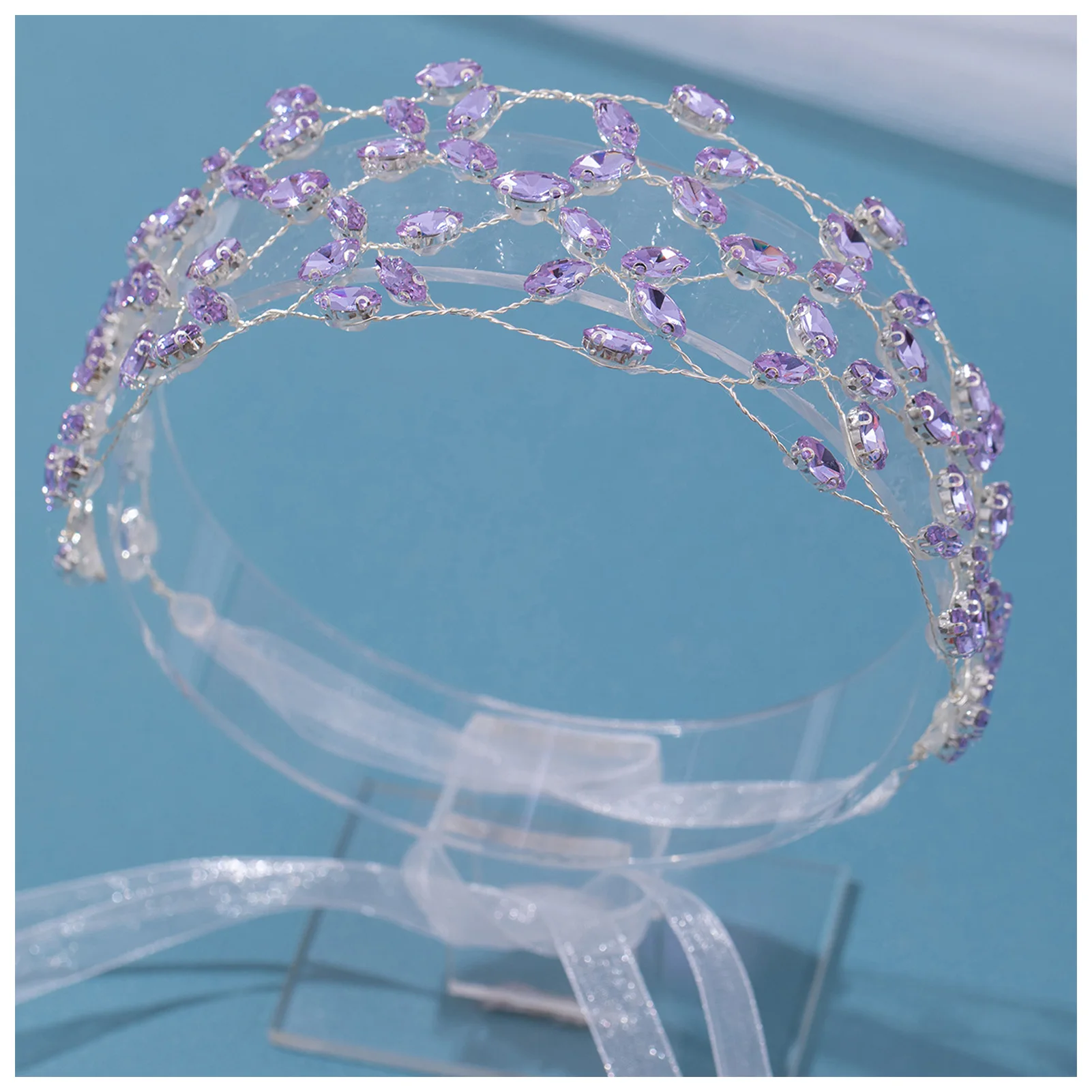 

Bridal Mesh Headband Headwear Lace-up Gown Headdress with Purple Rhinestone for Banquet Wedding Masquerade