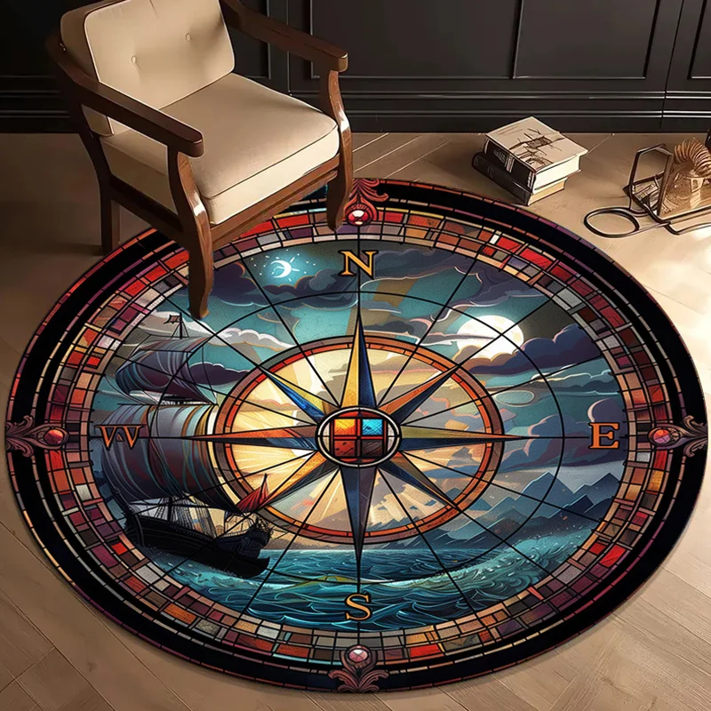 Compass Nautical Ship Round Rug Crystal Velvet Floor Mat Travel Adventure Theme Home Decor Living Room Bedroom Carpet
