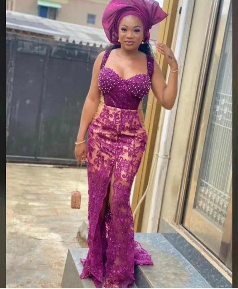 

Luxurious African Mermaid Lace Pearl Decal Party Evening Dress Sexy V-neck Dew Nigerian Bridal Guests Ball Dress Customized