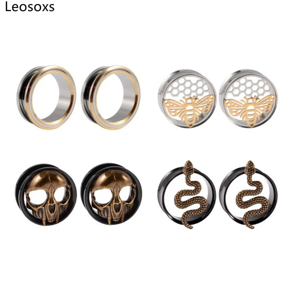 Leosoxs-pendientes de acero inoxidable con polea dorada, Piercing de extensión de oreja, cuerno, aurícula, abeja, serpiente, chapado en Calavera, 1 par