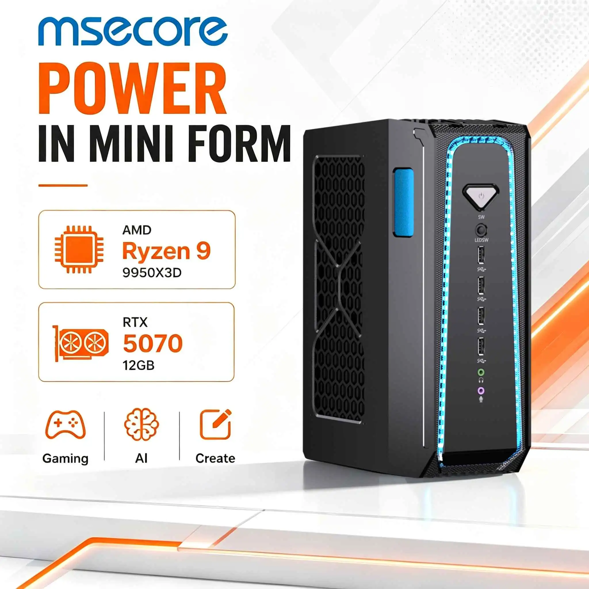 MSECORE 액체 냉각 방식 게이밍 PC, AMD 라이젠 9 9950X3D, RTX5070 외장 그래픽 카드, DDR5, 듀얼 M.2 NVMe SSD, WiFi6E, BT5.3, 2.5G LAN, 8K 지원