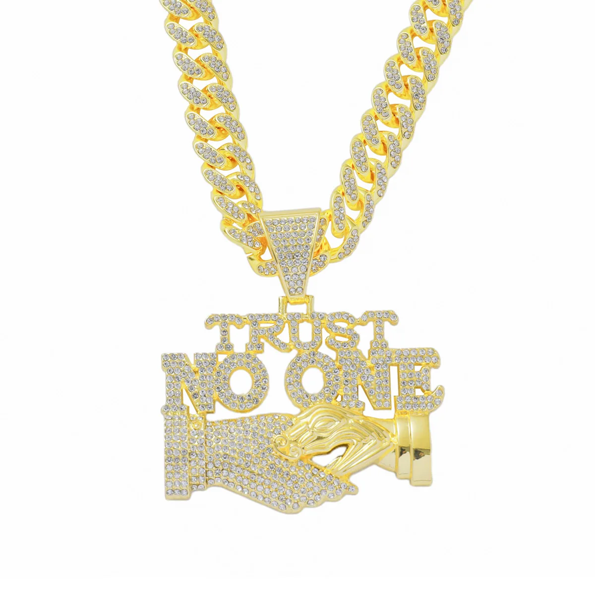

No One Trust Letters with Hand Pendant Cuban Necklace