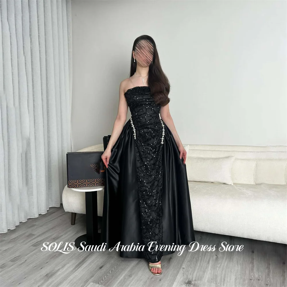

SOLIS Black Party Dress Strapless Sleeveless فساتين السهرة A Line Night Dresses Crystal Celebrity Dress Customized