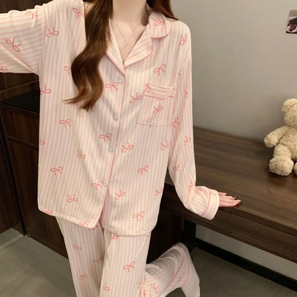 

Fashion Stripe Bow Pajamas Set Loose Korean Style Long Sleeves Pajamas Casual Home Wear Sweet Pajamas Suit Women