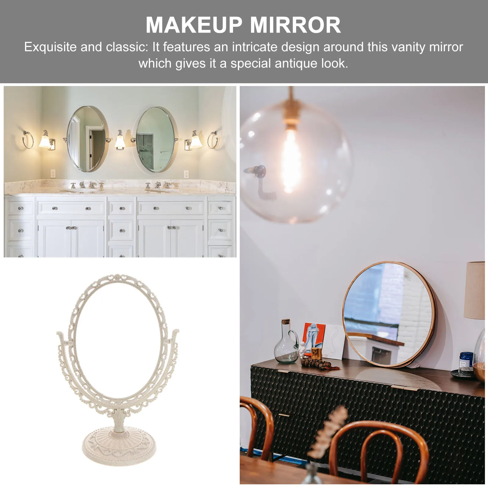 Beige Oval Tabletop Vanity Mirror 360 Degree Rotating 2x Magnification Double-Side Exquisite Classic Design Detachable Base