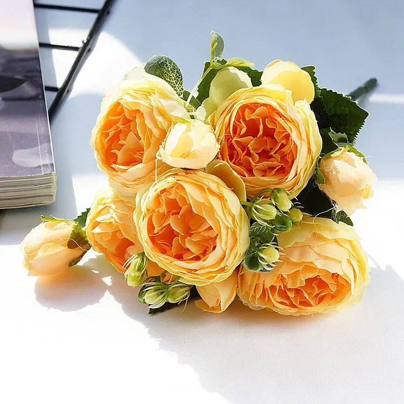 1 Bouquet yellow Artificial Flowers Peony Tea Rose Autumn Silk Fake Flowers for DIY Living Room Home Garden Wedding Decoration