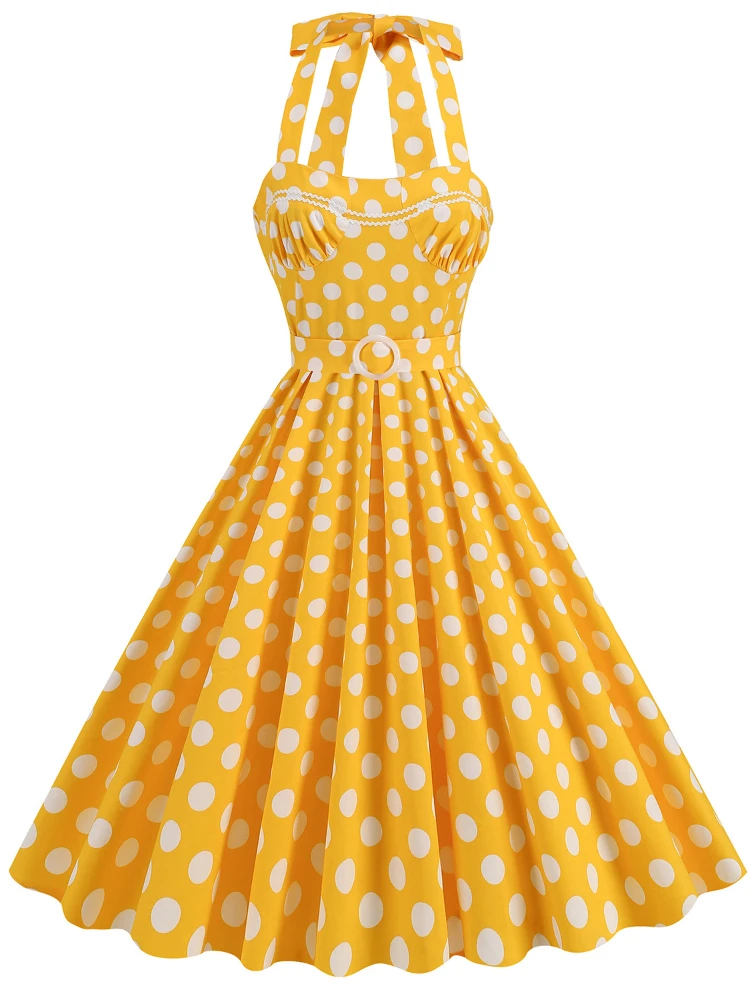 

Hepburn Style Retro Polka Dot Print Temperament Waist Dress 50s Sleeveless High Waist Lace Up One Line Collar Large Hem Dresses