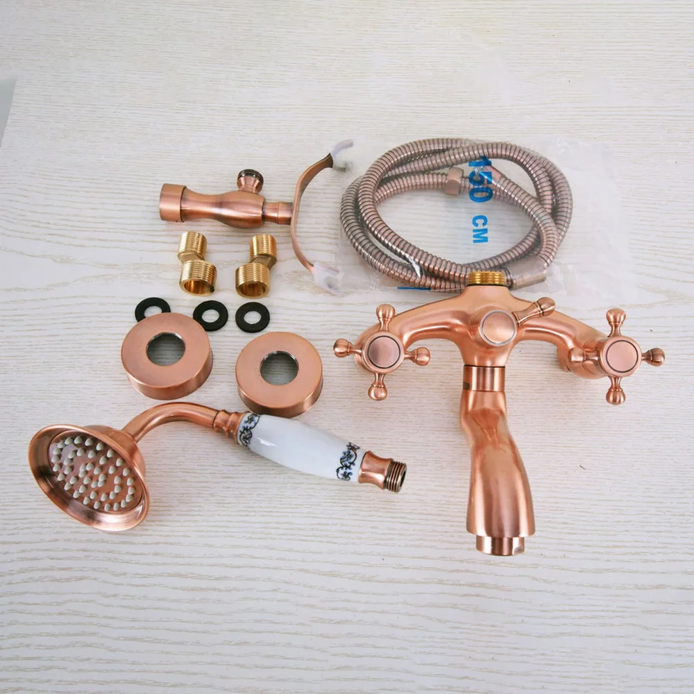 

Antique Red Copper Brass Dual Cross Handles Wall Mounted ClawFoot Bath Tub Faucet Mixer Tap With Hand Shower Spray mna322