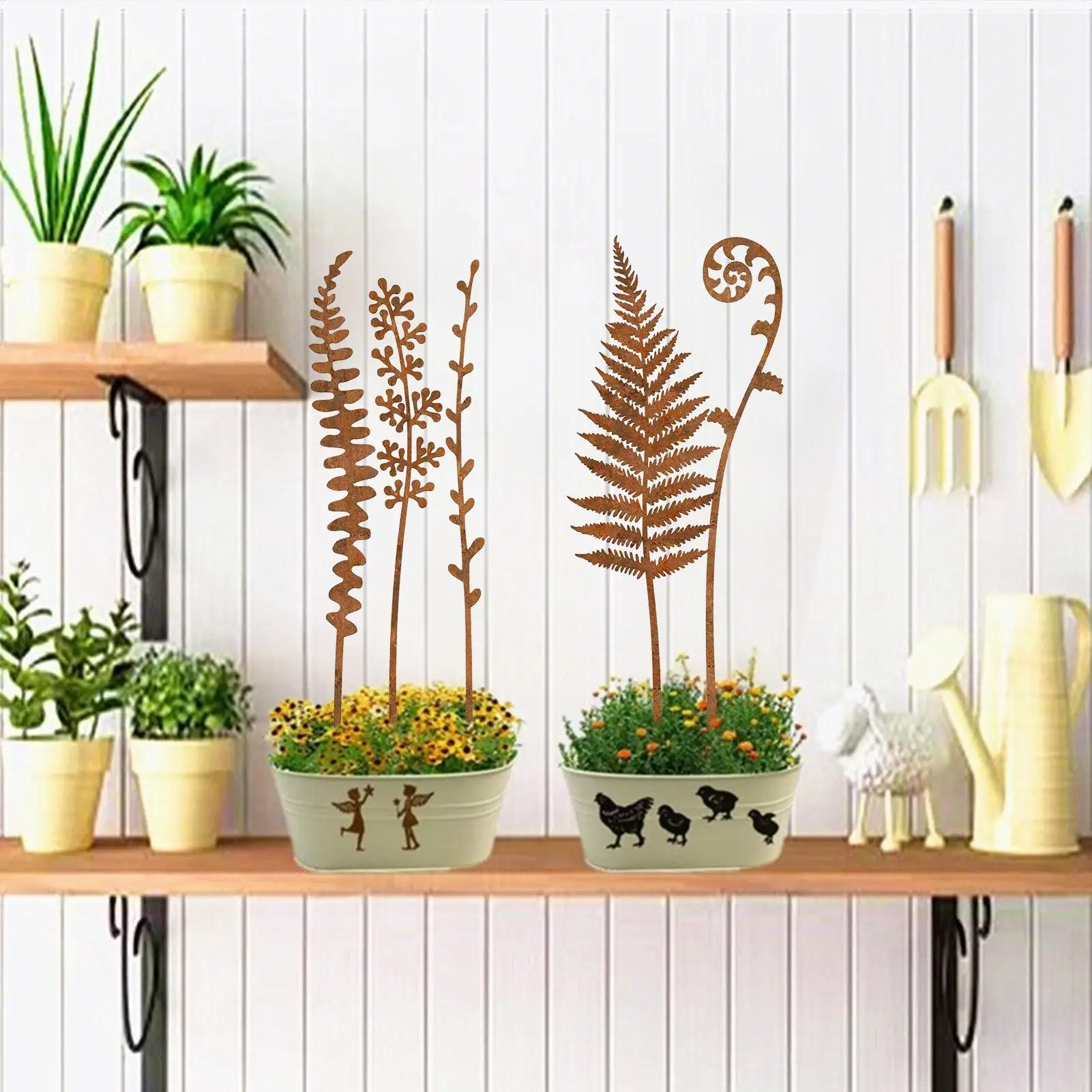 

5-компонентный деревенский металлический садовый кол для улицы, ржавый ретро фермерский дом, папоротники, цветы, украшение для газона, крыльца, у бассейна