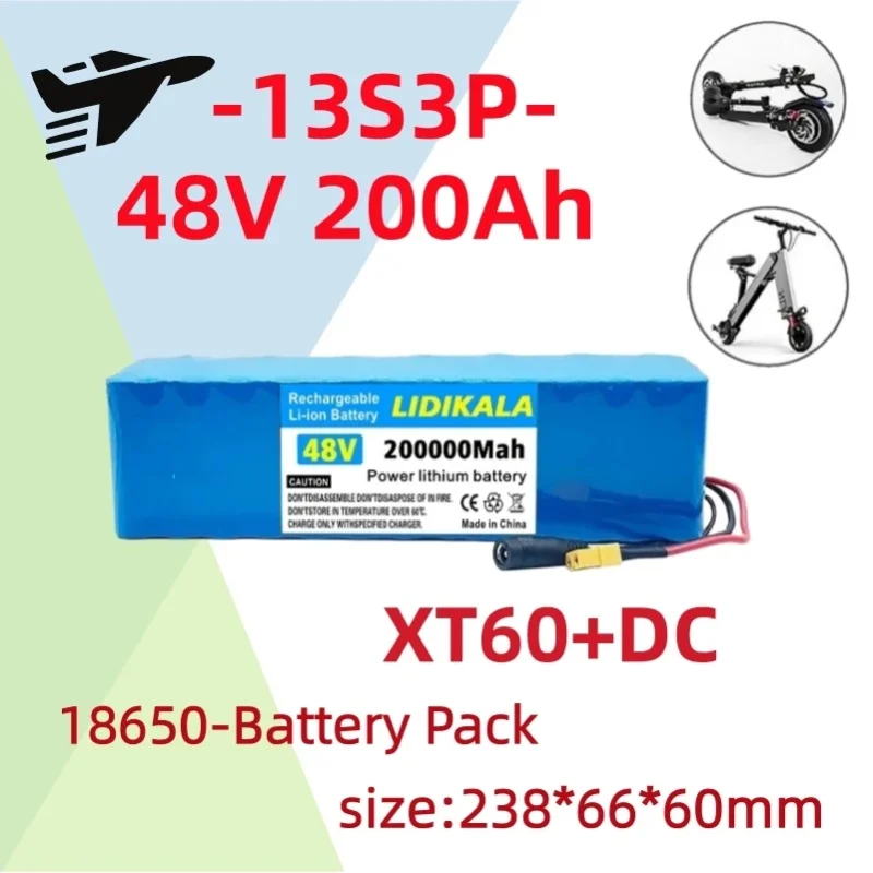 Wiederaufladbarer 13S3P 48V 200000mAh Lithium-Ionen-Akku 1000W mit Überladungsschutz-BMS und passendem 54,6V-Ladegerät für Elektroroller-Umbausatz