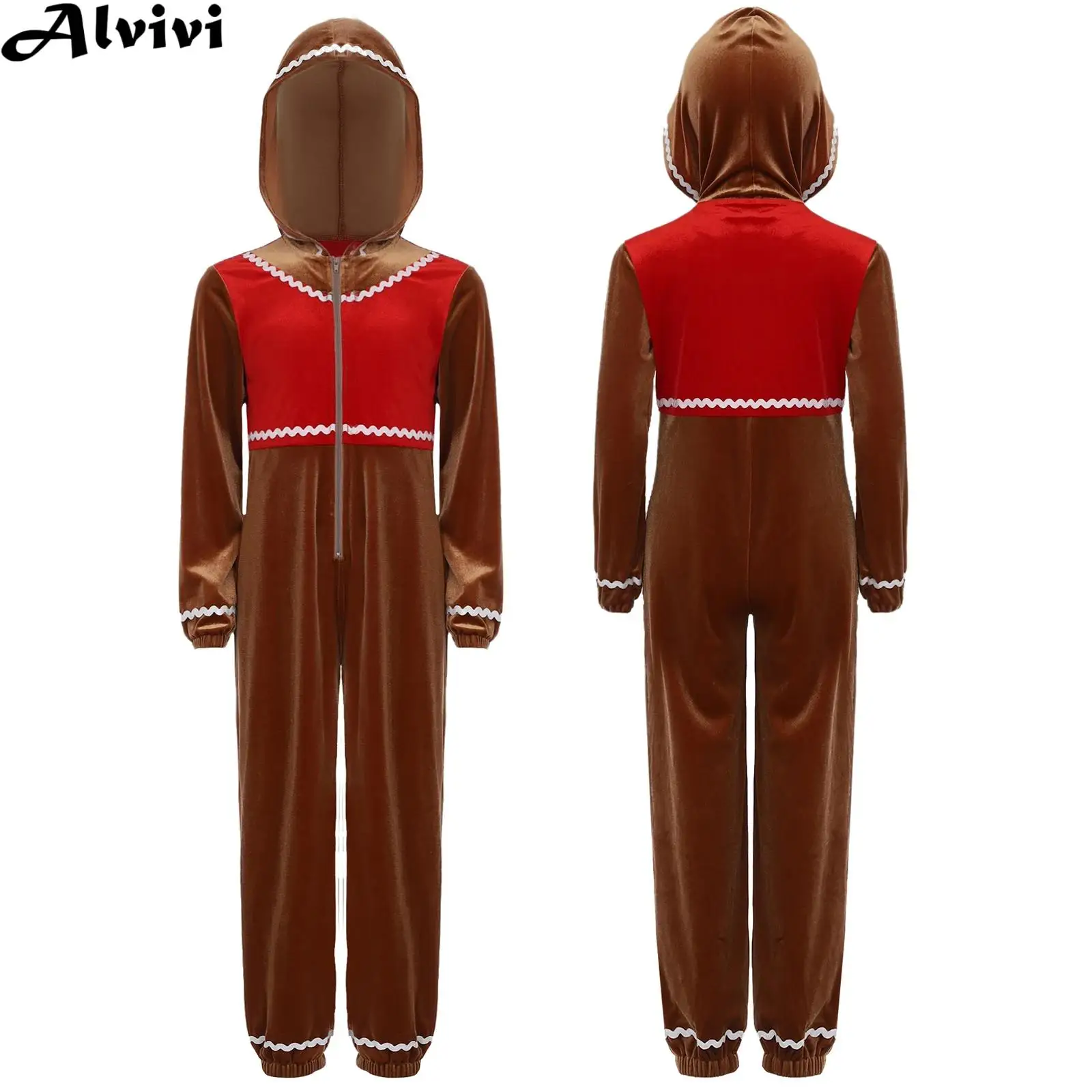 

Детский бархатный рождественский комбинезон на молнии с длинными рукавами и пряничным человечком с капюшоном, Рождественский карнавальный костюм для тематической вечеринки, карнавальный костюм для выступлений