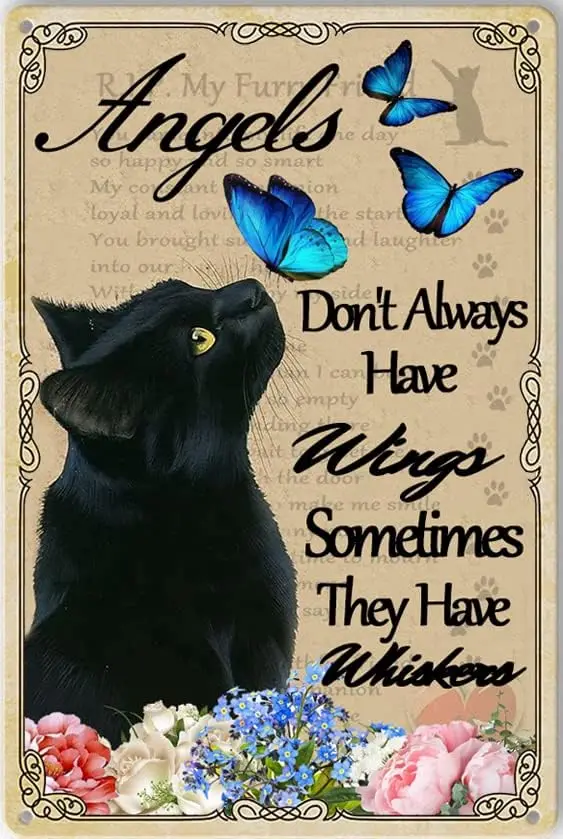 Black Cat Decor For Lovers Angels Don't Always Have Wings Sometimes They Whiskers Home, Gifts, Signs Home Memorial Gifts