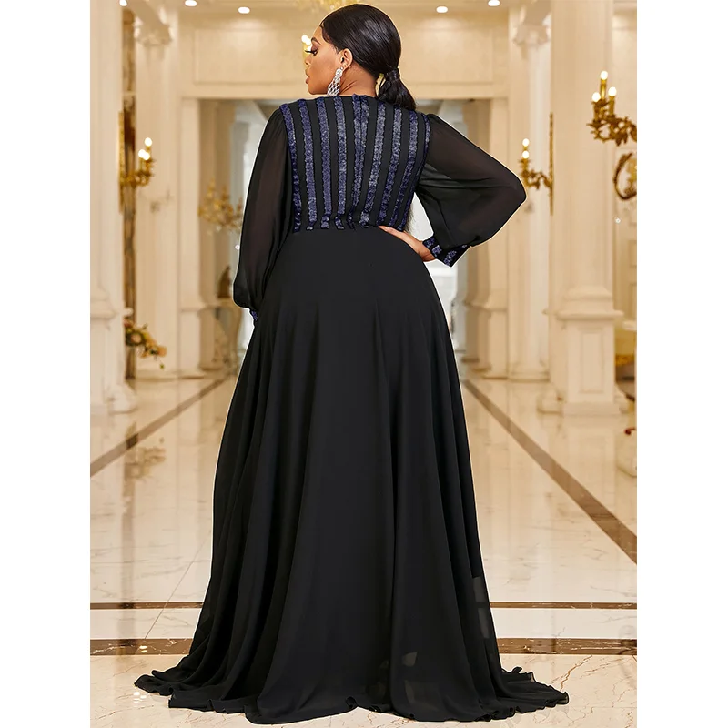 Plus Size V Neck Stripe Sequined Chiffon Dress 5XL 6XL Big Size Black Maxi Long Sleeve Spring Gold Stripe Luxury Evening Dresses