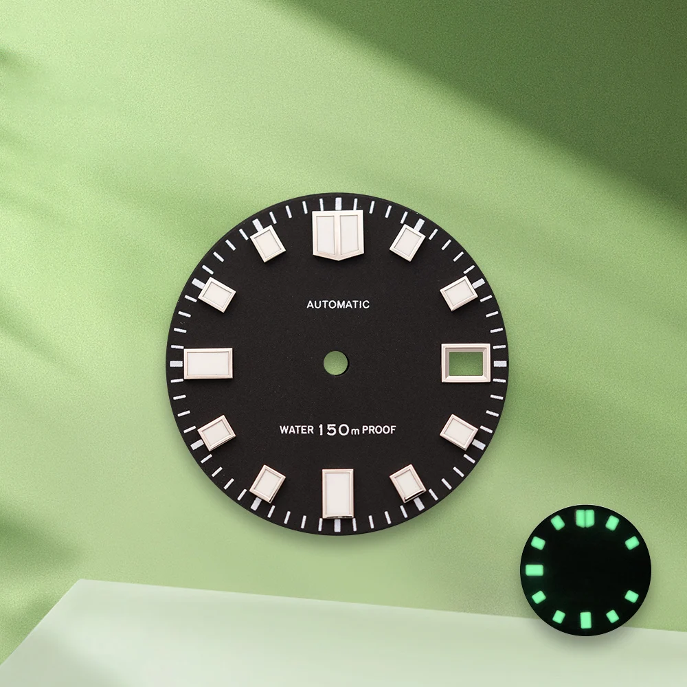 28.5mm S Logo NH35 Automatic Matte Black Dial No Hands Fit NH36/4R/7S Movement C3 Green Luminous Watch Modification Accessories