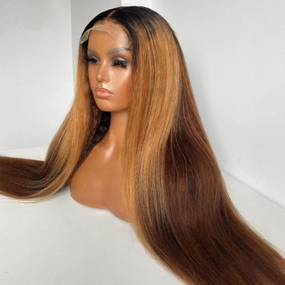 Soft Long Glueless Yaki Ombre Brown 30Inch Kinky Straight Lace Front Wig For Women With Baby Hair Synthetic Preplucked Daily