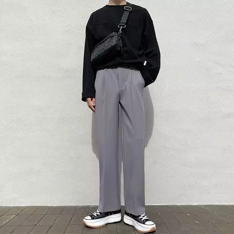 Men's Summer Black Wide Leg Dress Pants Loose Straight Fit Elegant Drape Japanese Korean Style Casual Trousers