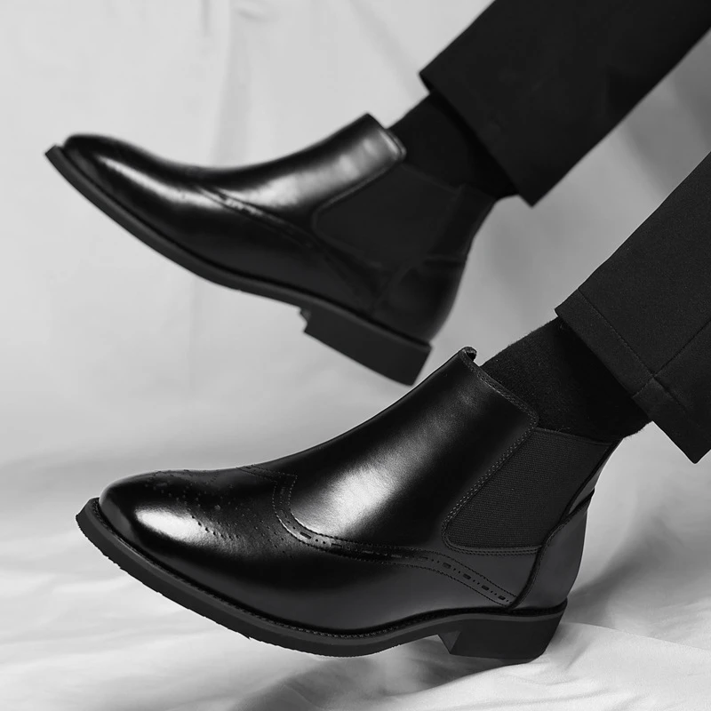 

Mens Burnished Brogue Leather Chelsea Boots Elastic Gores Slip On Ankle Boots Formal Business Office Daily Shoes British Style