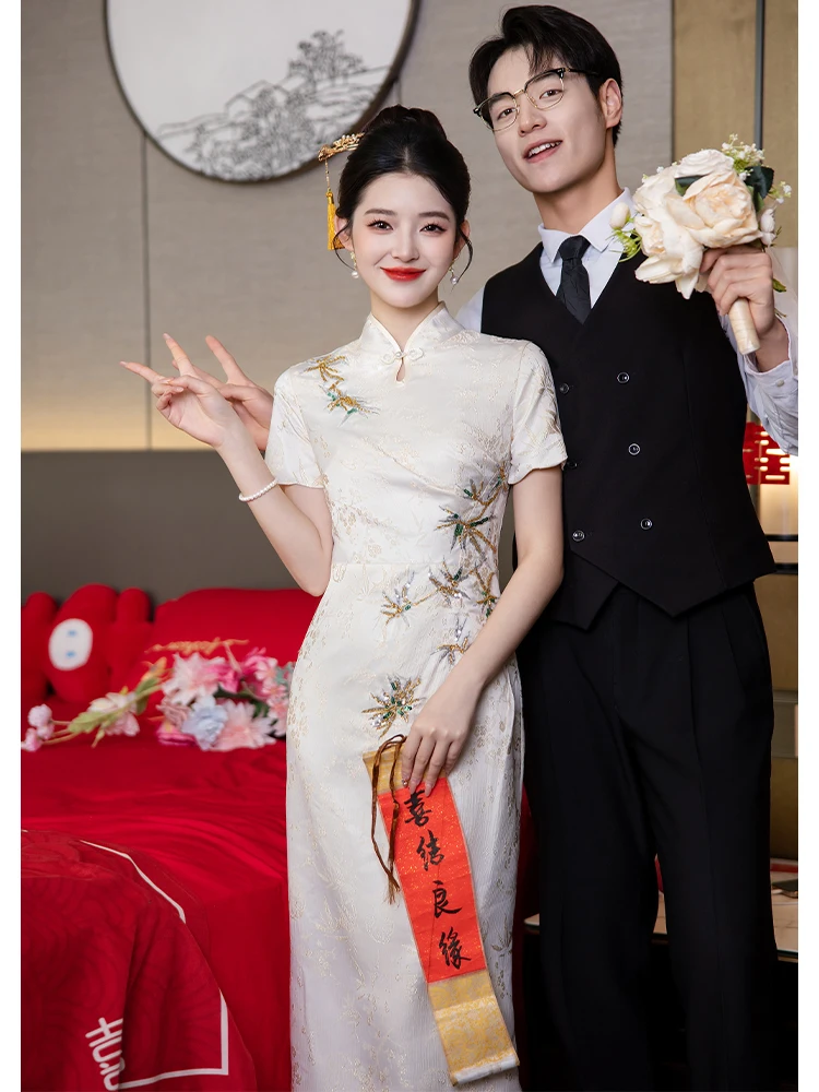 

Новая китайская свадебная юбка средней длины цвета шампань для молодой невесты, дышащая, из полиэстера