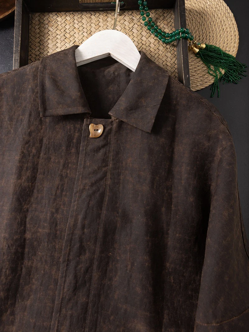 Old Money Style Coffee Retro Lapel 100% Natural Mulberry Silk Gambiered Guangdong Gauze Women's Fashionable Windbreaker Jacket