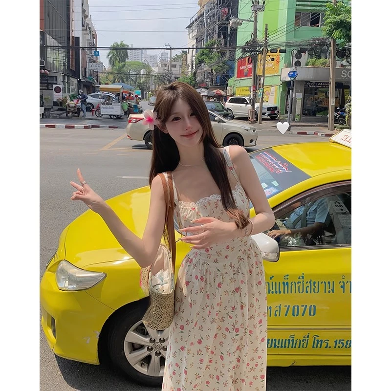 Elegant Vintage Floral Midi Dress Women Beach Style Strap Dress Even Party Korean Fashion Clothing Y2k 2000s Bodycon Slim Summer