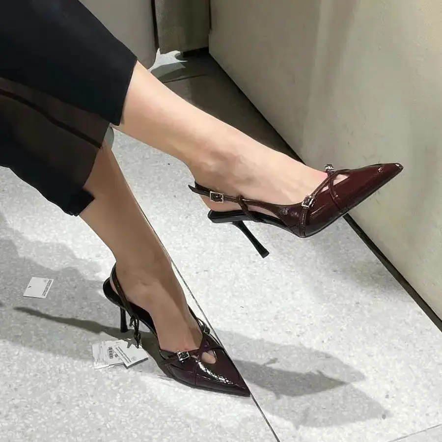 TRAF Woman Red Leather Fashion Sandals Sexy Pointed Toe  Buckle Strap High Heel Pumps 2025 Autumn Elegant Slingback High Heels