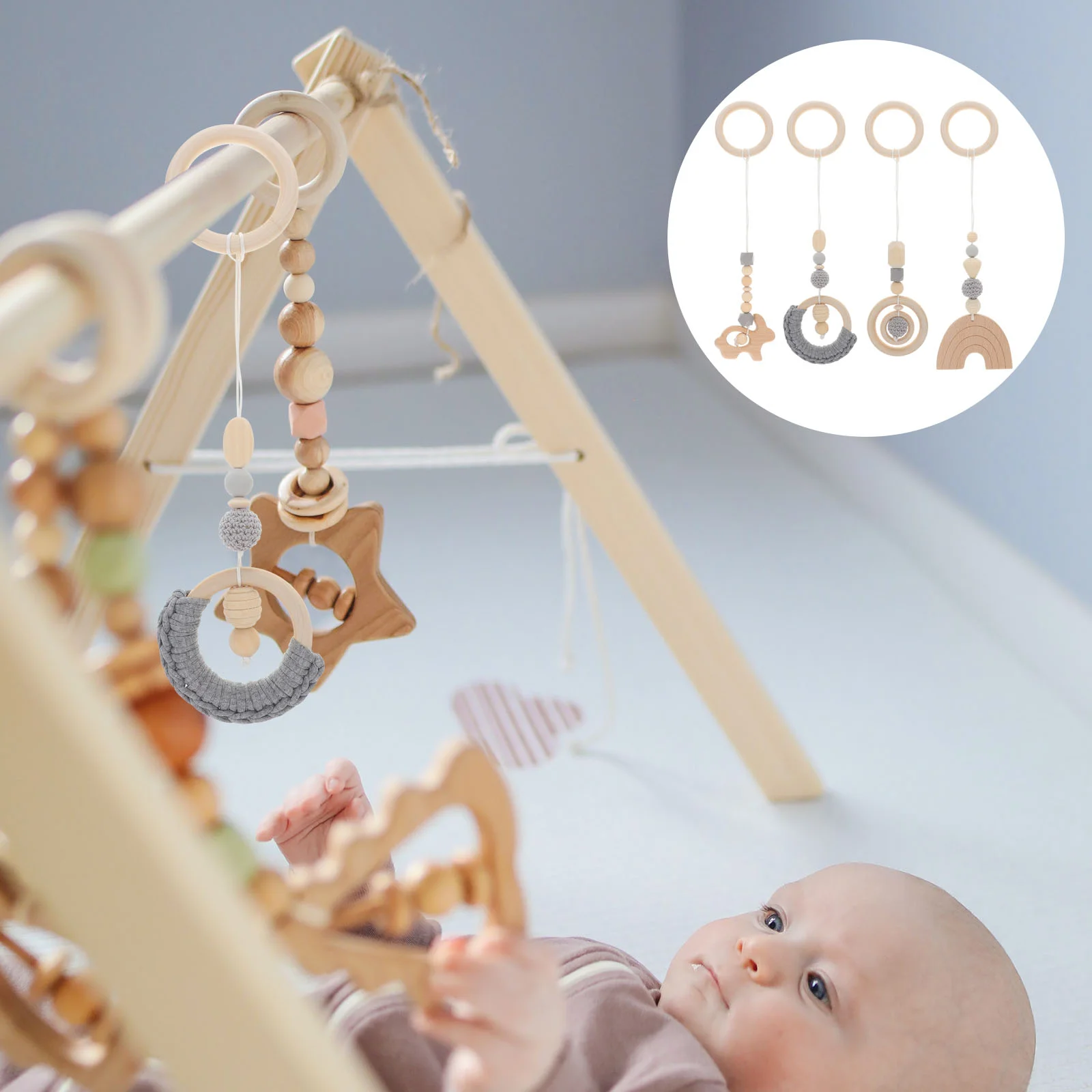 4 Pcs Gym Rack Toys Nursery Room Baby Wooden Stroller Beaded Pendant Sensory Hanging