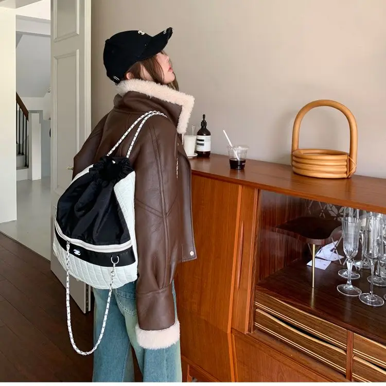 2025년 가을/겨울 미국산 양털 퍼 재킷 숏 코트 퍼 여성용 스윗 쿨 오토바이 의류 면 패딩 의류