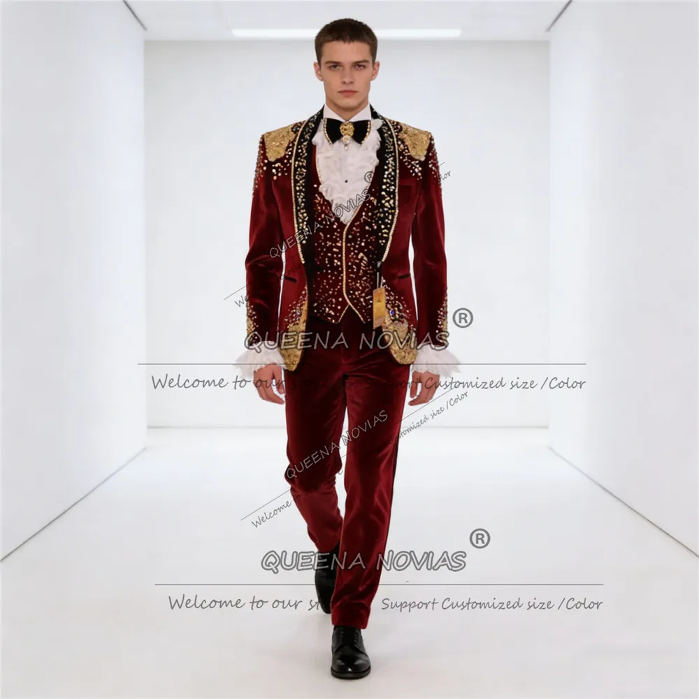 

British Style Beading Crystals Suit Attire For Wedding Shawl Label Prom Blazer Customized Groom Tuxedo 3 Piece Set Ropa Hombre
