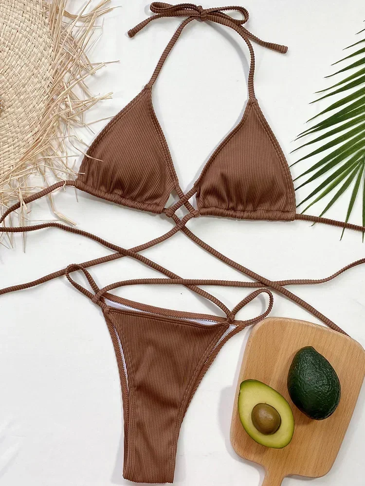 

Halter Wrap Around Ribbed Bikini Women Swimwear Female Swimsuit Two-pieces Bikini Set High Cut Bather Bathing Suit Beach Wear