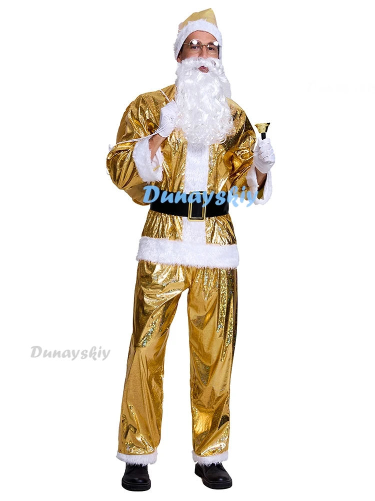 Gold Christmas Santa Claus Costume Men Gold Beard Top Cloth Pants Hat Belt Beard Halloween Dress Up Suit Cosplay Festival Outfit