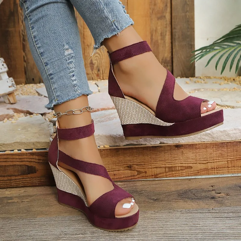 New Woman Wedge Sandals Fashion Retro Style Solid Fish Mouth Hollow Thick Soled Female Shoes Comfort Casual High Heel Sandals
