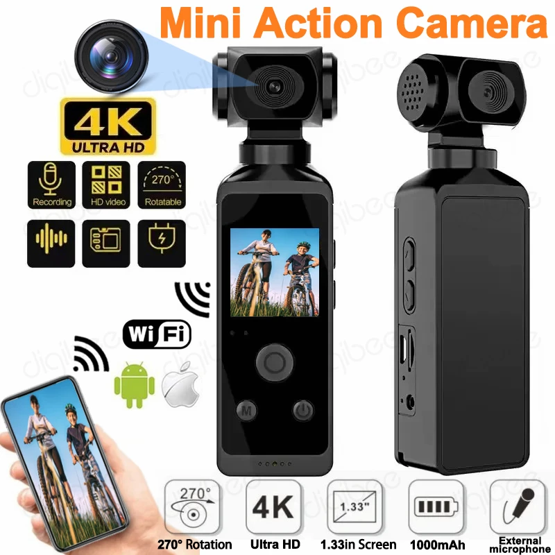 

5K or 4K Ultra HD Pocket Action Camera 270° Rotatable WiFi Mini Camera Waterproof Case Outdoor Sports Vlog Diving Video Recorder