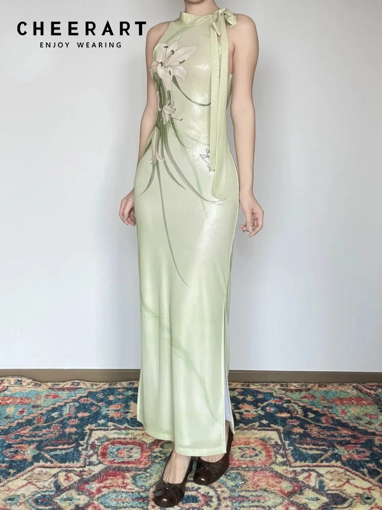 CHEERART Lily Floral Mint Green Sleeveless Long Summer Dresses Elegant Women Tie Neck Bodycon Tunics A Line Maxi Ladies Dress