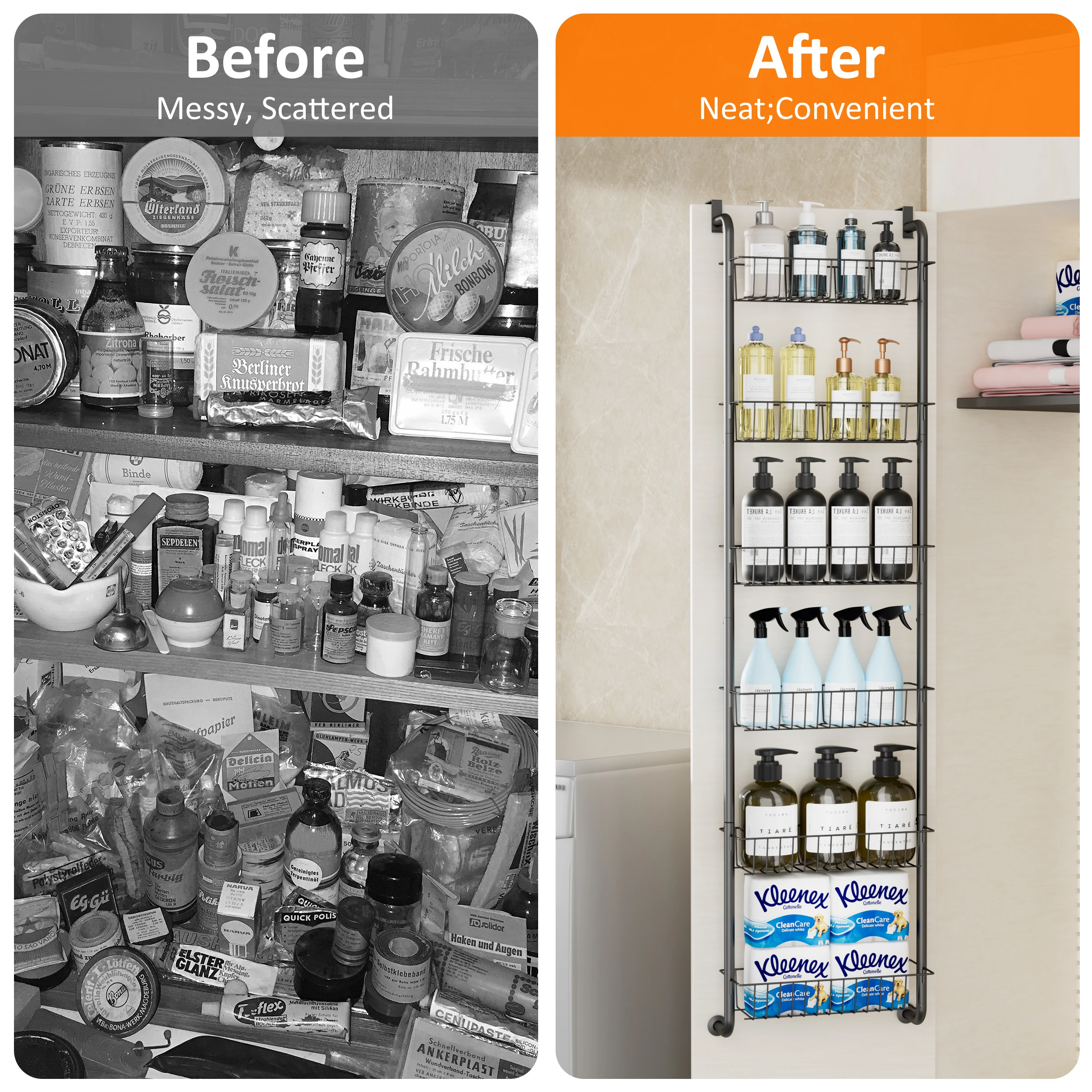 منظم أبواب PrettyCare مكون من 6 أرفف ورف معدني شديد التحمل لتنظيم المطبخ، أسود، BA01