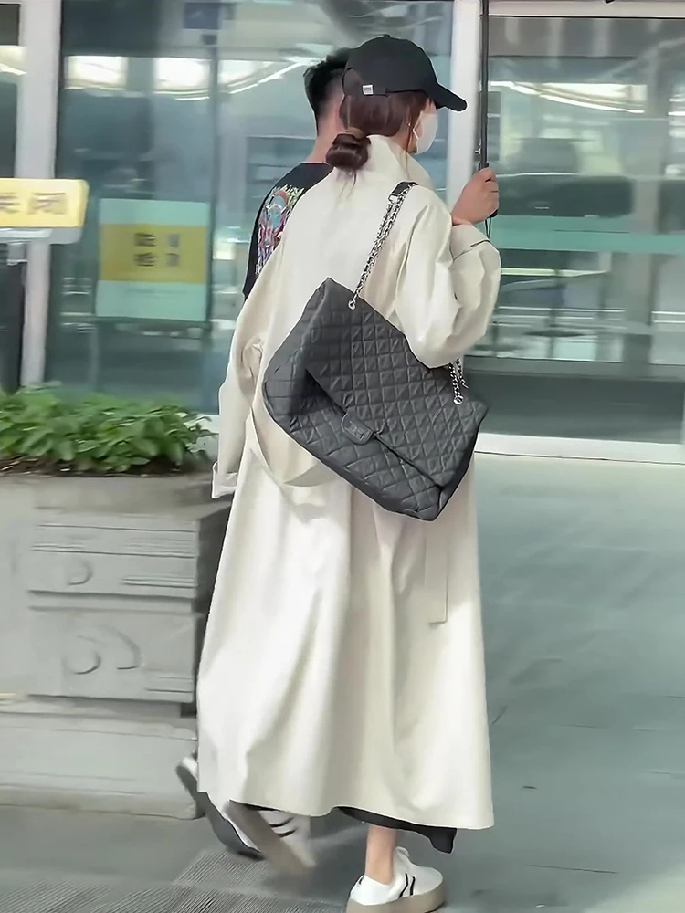 เสื้อโค้ทผู้หญิงสีเบจ สไตล์ลำลอง สำหรับฤดูใบไม้ร่วงและฤดูหนาว ทรงยาว คอตั้ง ติดกระดุมสองแถว ทรงหลวม สไตล์สบายๆ แฟชั่นลำลอง