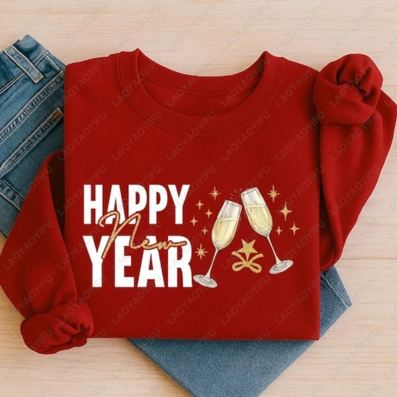 سنة جديدة سعيدة الشمبانيا نخب الجرافيك بسيط عطلة البلوز احتفالي حفلة NYE 2026 عادية الكبار الشتاء Crewneck البلوز