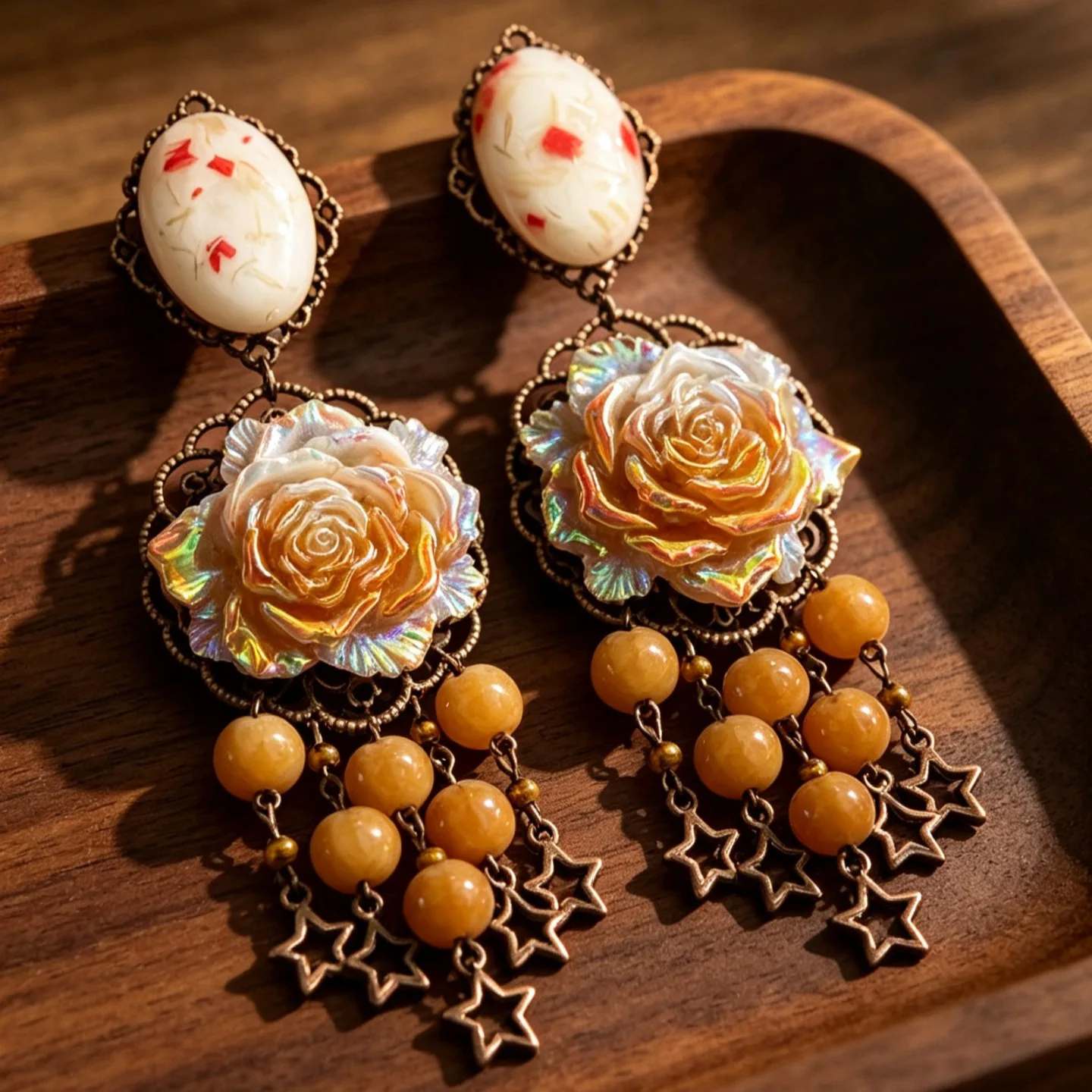Vintage distressed gradient orange rose earrings