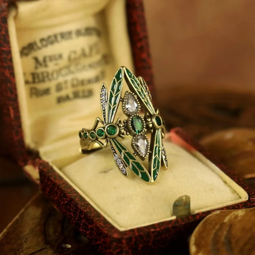 Retro Bohemia Green Glazed Crystal Dragonfly Wide Opening Adjustable Rings for Women Exquisite Luxury Jewelry Accessories Gifts