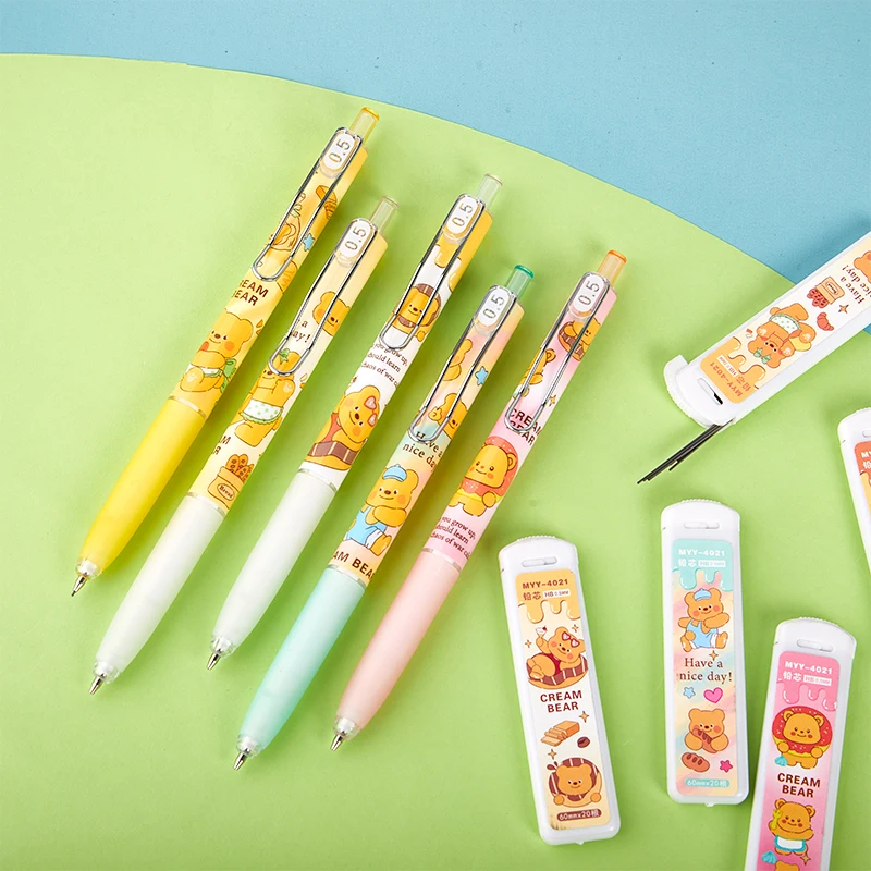 1Set Kawaii 0.5mm Butter Bear Pencil With Pen Refills Suit Cartoon Pen Clip Automatic Pencil Student Writing Stationery Supplies