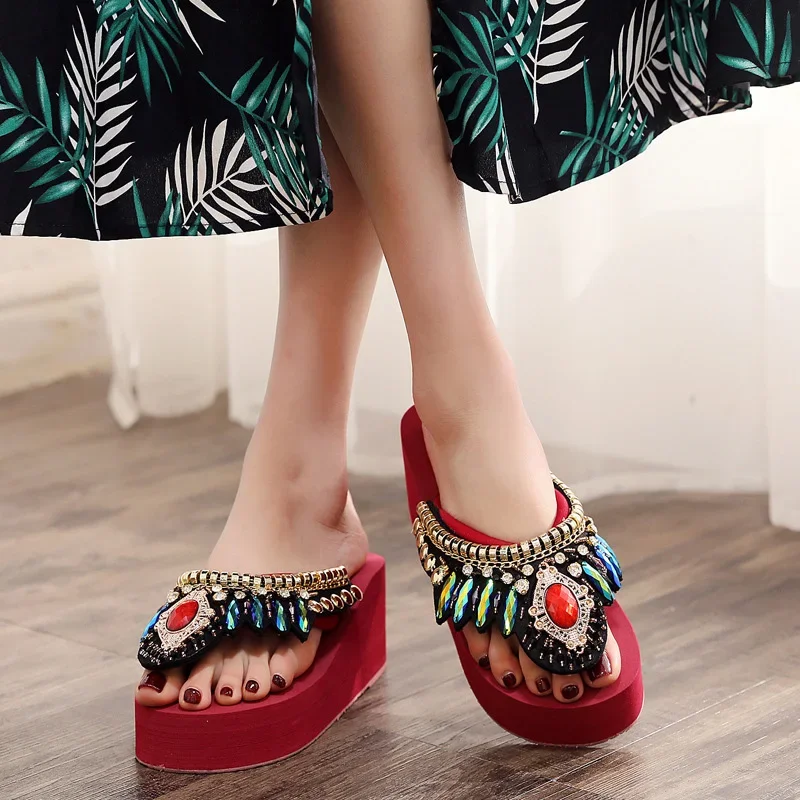 YAERNI Platform Slippers Flip-Flops Women Wedge Rhinestone Beach Super High Heel 11CM Slippers For Women Bohemian ShoesPlus Size