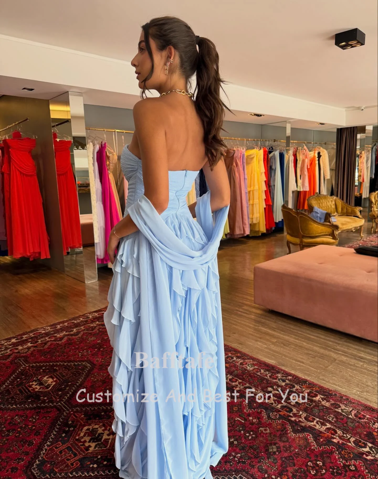 Bafftafe Light Blue Chiffon Customized Prom Dresses Wrap Ruffles Formal Party Women's Evening Wedding Guest Bridesmaid Gowns