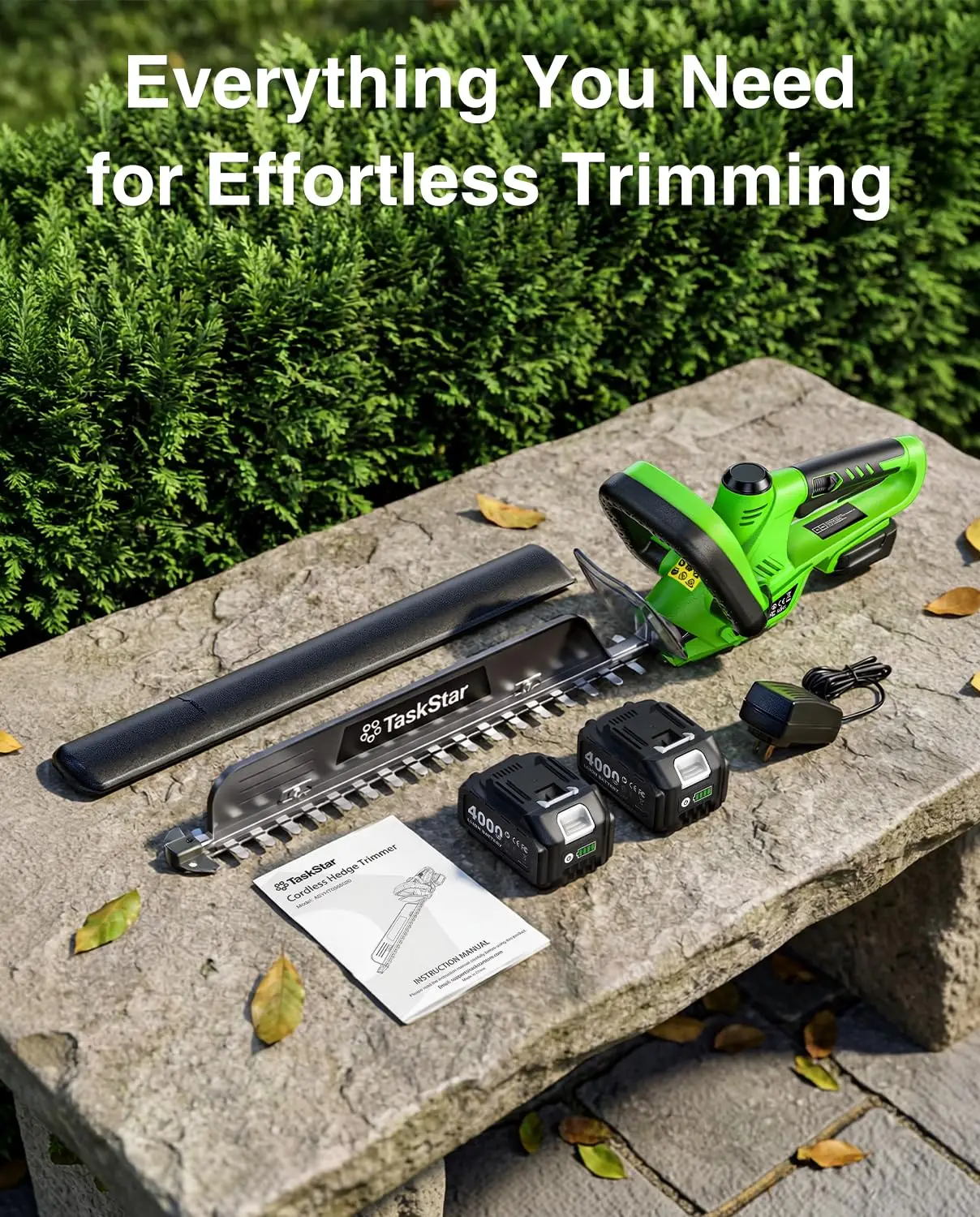 TaskStar 22" Electric Hedge Trimmer with 180° Rotatable Handle & Debris Remover & 550mm SK5 Dual Edge Blade 20V Cordless Hedge Clippers for Shrub Trimming with 2 4.0Ah Batteries - view 8
