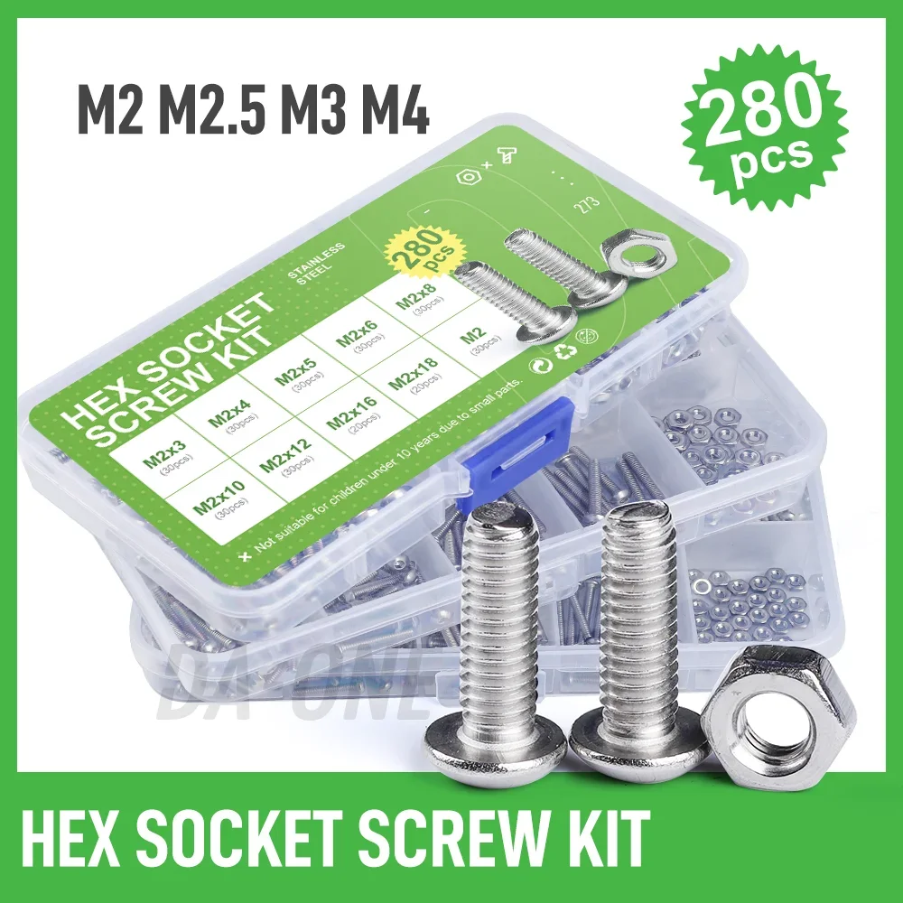 M2 M2.5 M3 M4 Button Head Hex Socket Cap Screw and Hexagon Nut Stainless Steel Set Laptop Bolts Nuts Assortment Kit 105-280 Pcs