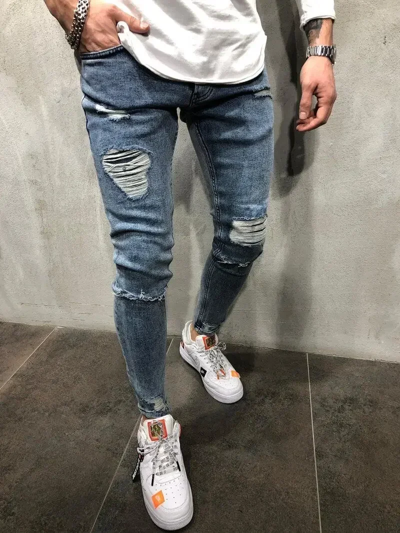 Men's Wear Jean Pants Hole Frayed Y2k Hip Hop Style Pants Elastic Jeans Dean Small Feet Slim Rip Tight Jeans Men Streetwear Jean