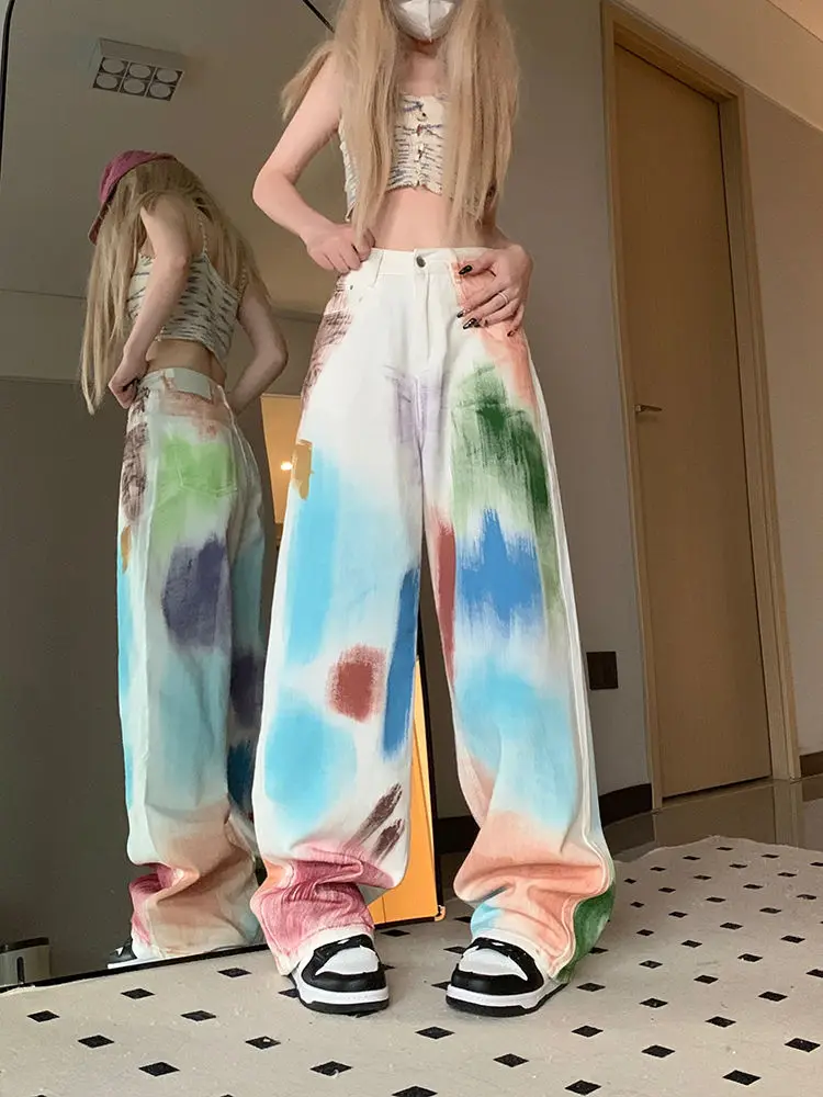 

Jeans New American Graffiti High Waist Wide Leg Pants Contrasting Colors Tie-Dyed Vintage Female 2024 Spring Straight Trousers