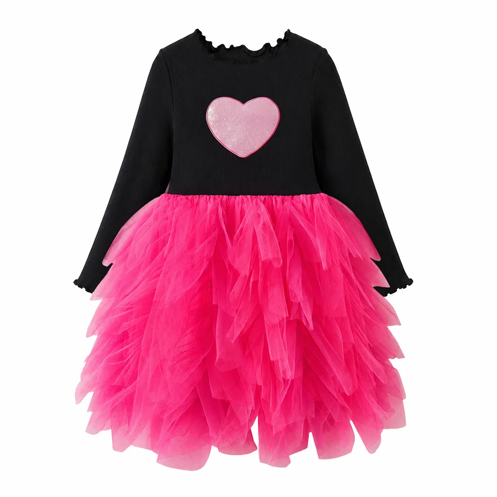 Toddlers Heart Shape Print Long Sleeve Knit Black Pink Dress Kids Layered Fluffy Tulle Princess Birthday Party Casual Tutu Dre